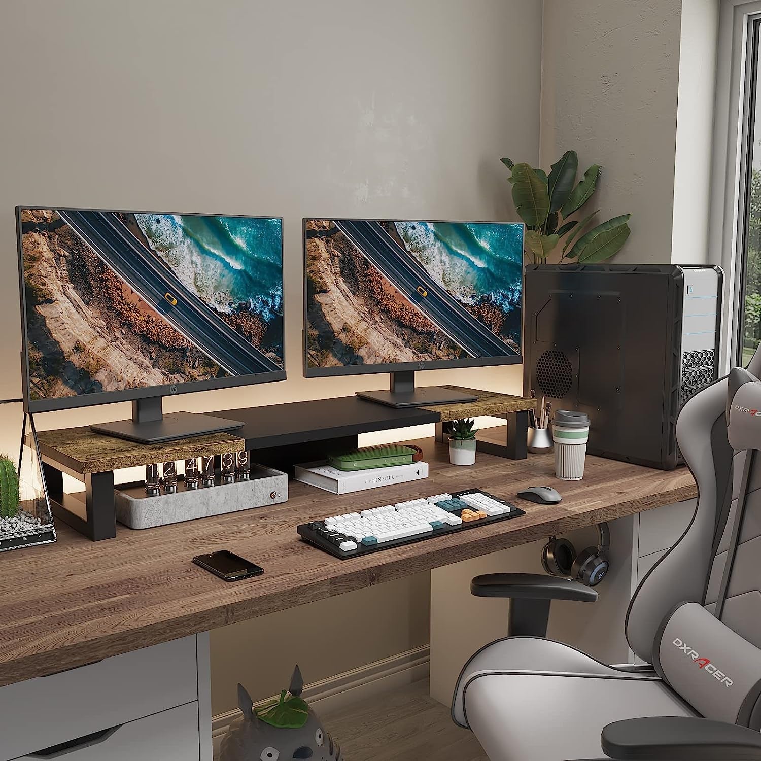 Dual Monitor Stand Riser Wood And Steel For Two Monitors