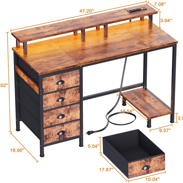 47 Inch Gaming Desk with LED Lights and Drawers