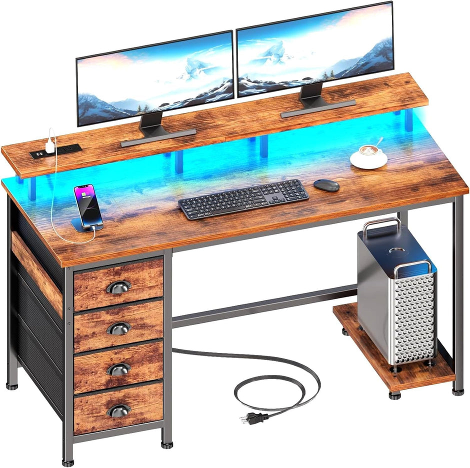 47 Inch Gaming Desk with LED Lights and Drawers