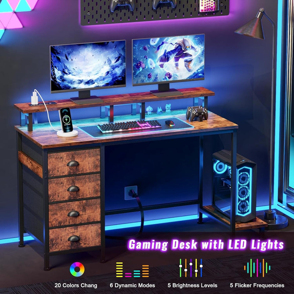 47 Inch Gaming Desk with LED Lights and Drawers
