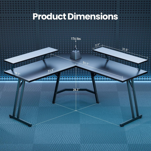 51 Inch L Shaped Gaming Desk With Monitor Stand For Home Office