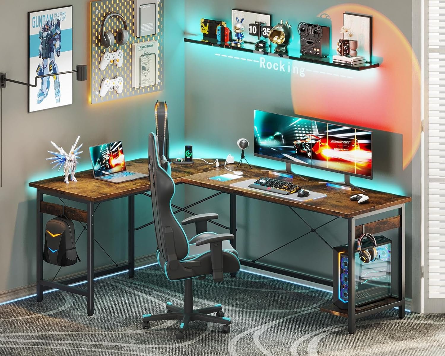 66 Inch L Shaped Gaming Desk With USB Ports CPU Stand
