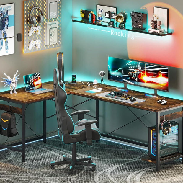 66 Inch L Shaped Gaming Desk With USB Ports CPU Stand