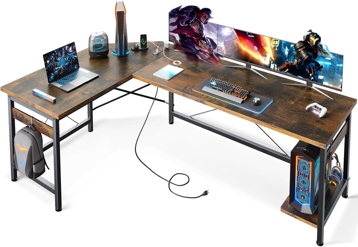 66 Inch L Shaped Gaming Desk With USB Ports CPU Stand