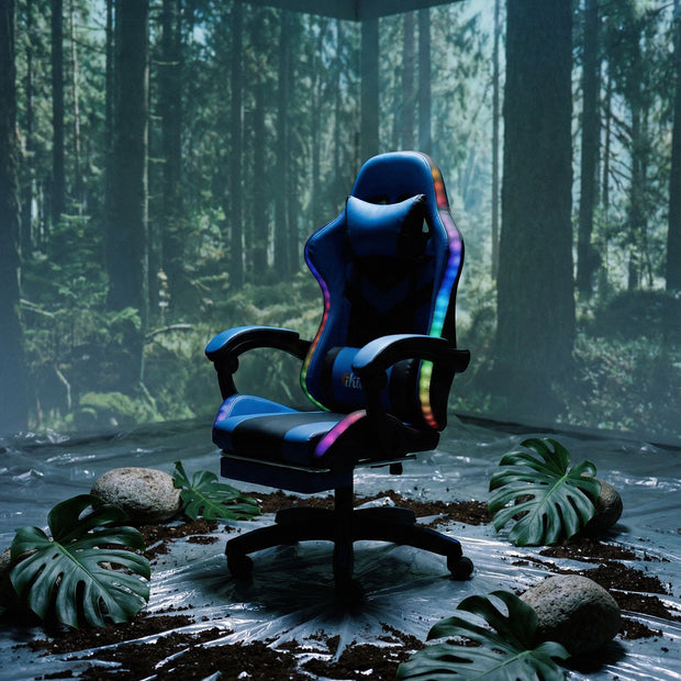 NNEED Racing Gaming Chair 7 RGB LED 8 Points Massage Black&Blue