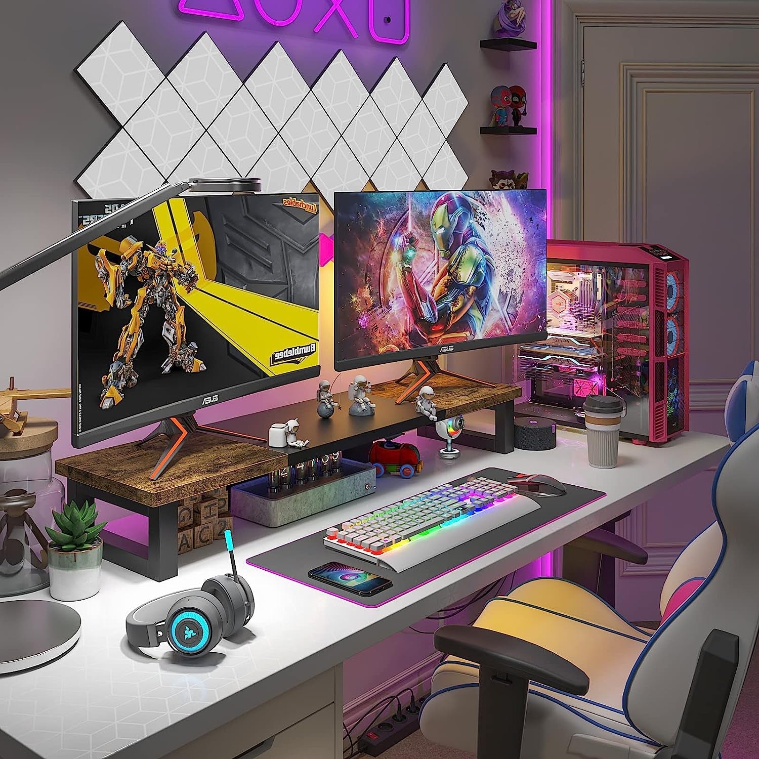 Dual Monitor Stand Riser Wood And Steel For Two Monitors