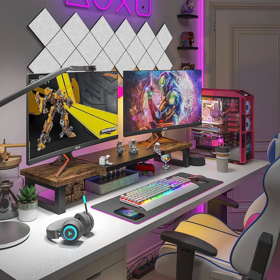 Dual Monitor Stand Riser Wood And Steel For Two Monitors