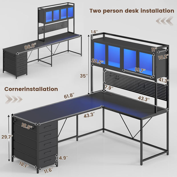 L Shaped Gaming Desk with Storage Drawers and Lights