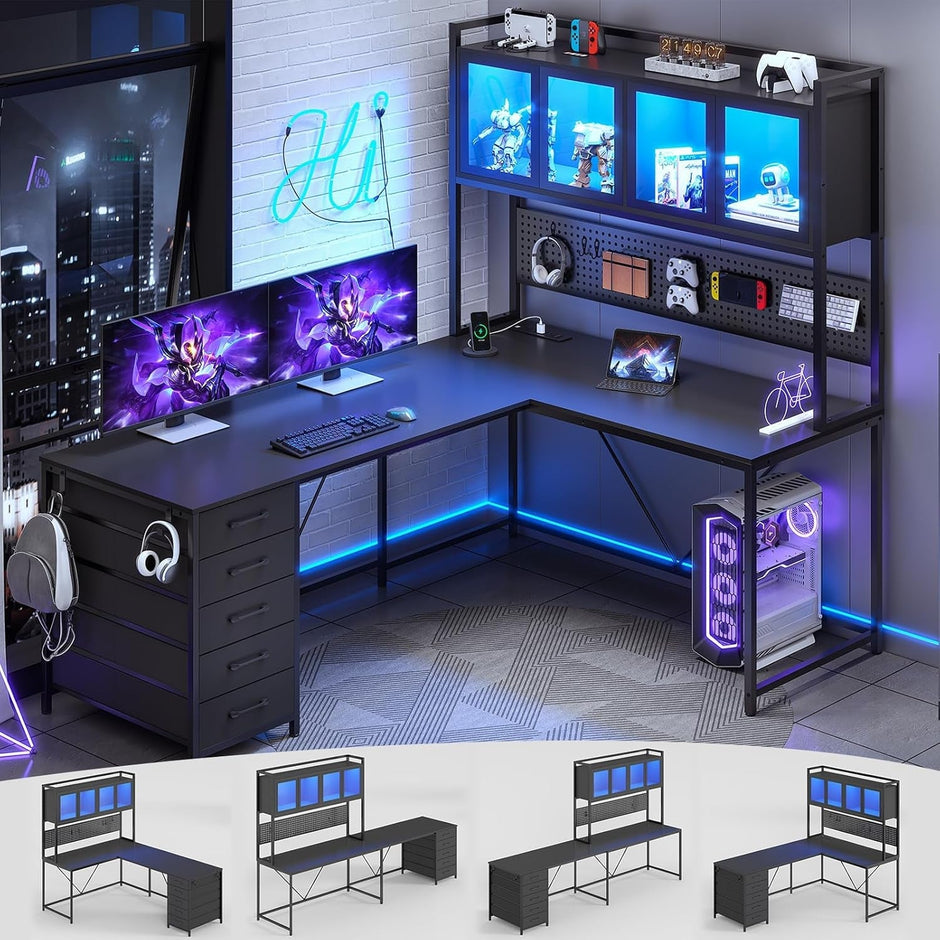 L Shaped Gaming Desk with Storage Drawers and Lights