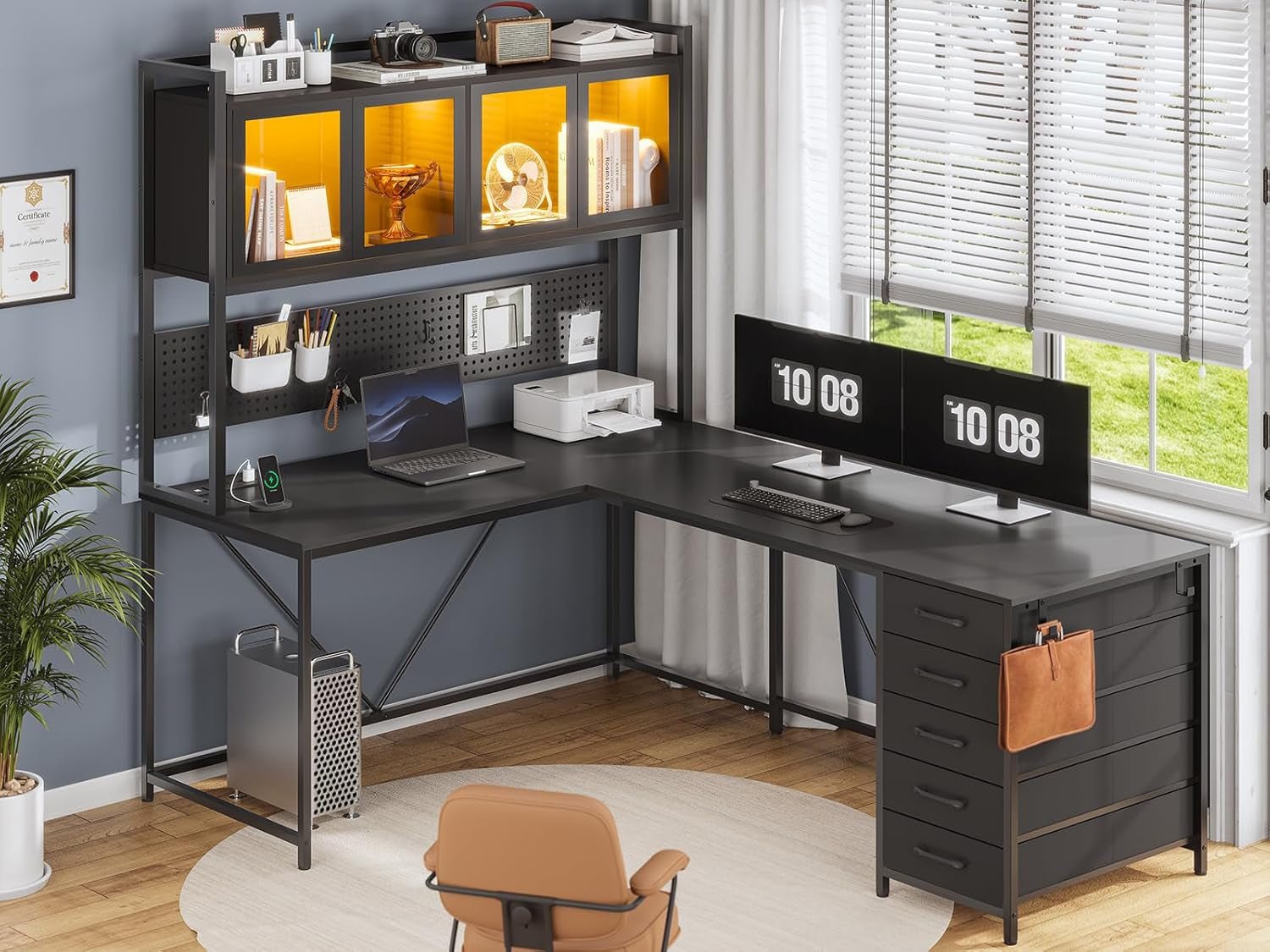 L Shaped Gaming Desk with Storage Drawers and Lights