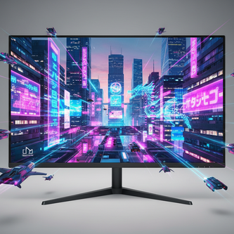 make the picture on the monitor a cyberpunk city and make it pop out off the screen