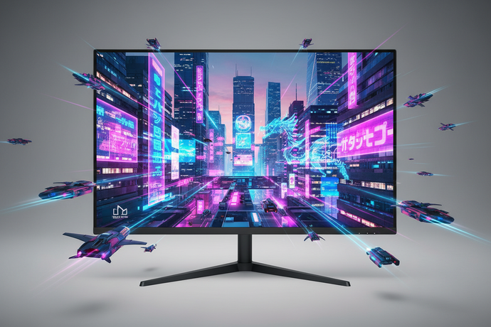 make the picture on the monitor a cyberpunk city and make it pop out off the screen