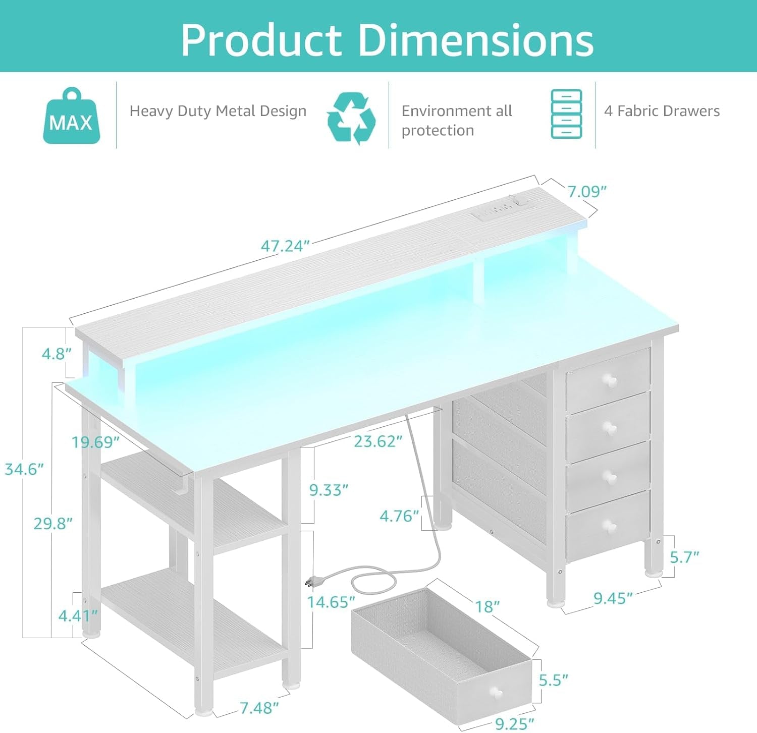 White 47 Inch Computer Gaming Desk With Monitor Stand And Power Outlets