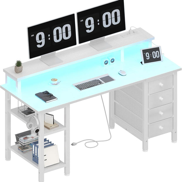 White 47 Inch Computer Gaming Desk With Monitor Stand And Power Outlets